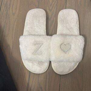 Fuzzy Cream Slippers with Rhinestone Accents